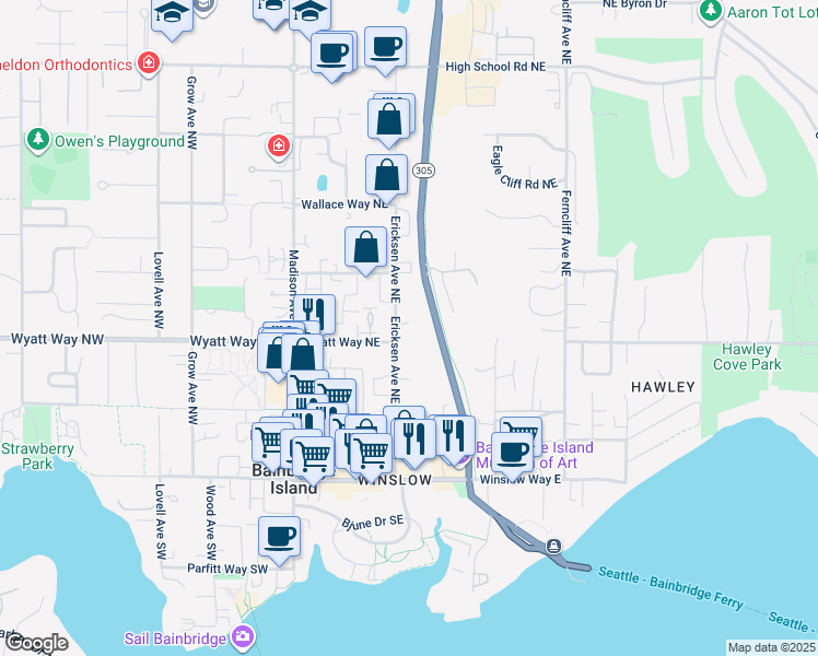 map of restaurants, bars, coffee shops, grocery stores, and more near 509 Groos Lane Northeast in Bainbridge Island
