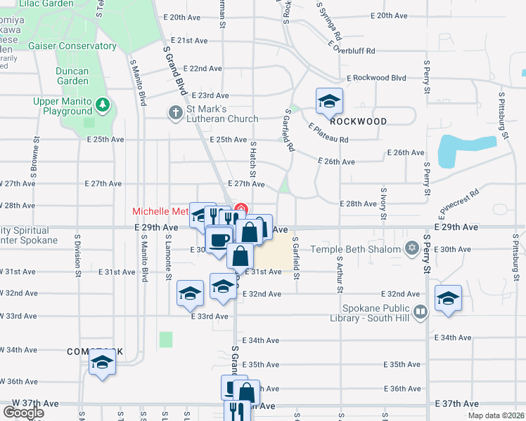 map of restaurants, bars, coffee shops, grocery stores, and more near 714 East 28th Avenue in Spokane