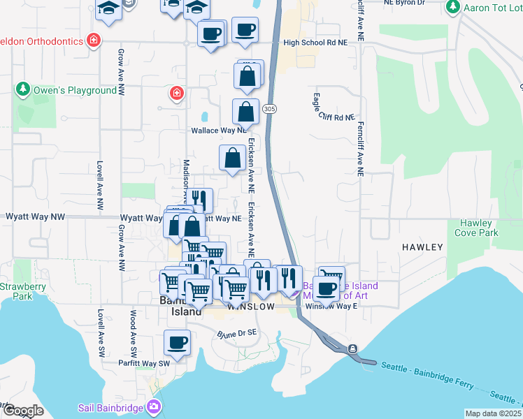 map of restaurants, bars, coffee shops, grocery stores, and more near 509 Groos Lane Northeast in Bainbridge Island