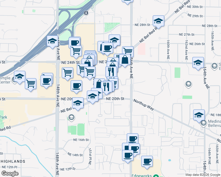 map of restaurants, bars, coffee shops, grocery stores, and more near 15350 Bel-Red Road in Redmond