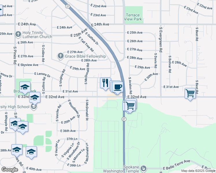 map of restaurants, bars, coffee shops, grocery stores, and more near 13220 East Skyview Avenue in Spokane Valley