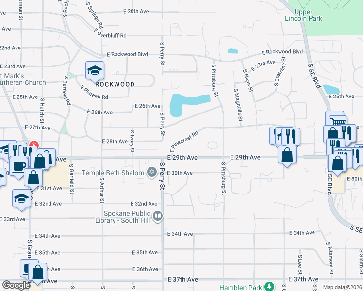 map of restaurants, bars, coffee shops, grocery stores, and more near 1511 East Pinecrest Road in Spokane