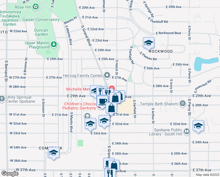 map of restaurants, bars, coffee shops, grocery stores, and more near 2715 South Grand Boulevard in Spokane