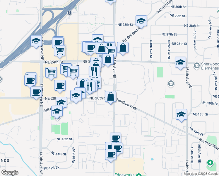 map of restaurants, bars, coffee shops, grocery stores, and more near 2201 156th Avenue Northeast in Bellevue