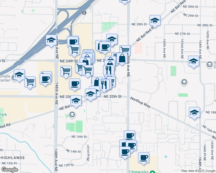 map of restaurants, bars, coffee shops, grocery stores, and more near 2115 Bel-Red Road in Redmond