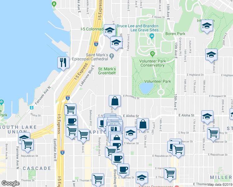 map of restaurants, bars, coffee shops, grocery stores, and more near 1127 10th Avenue East in Seattle
