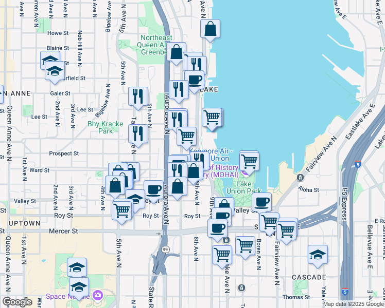 map of restaurants, bars, coffee shops, grocery stores, and more near 1111 Westlake Avenue North in Seattle
