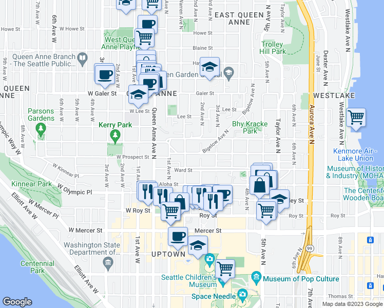 map of restaurants, bars, coffee shops, grocery stores, and more near 161 Highland Drive in Seattle