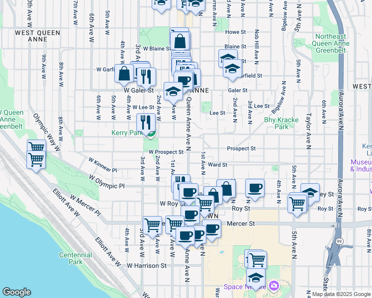 map of restaurants, bars, coffee shops, grocery stores, and more near in Seattle