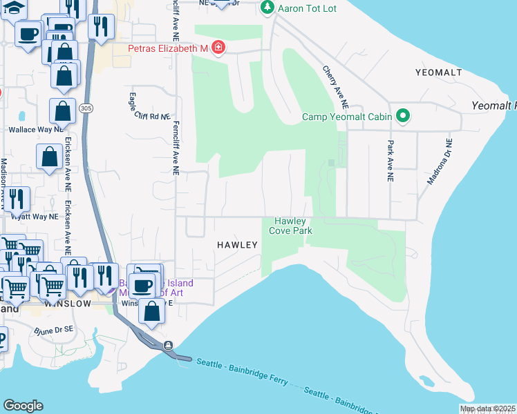map of restaurants, bars, coffee shops, grocery stores, and more near 640 Ferryview Lane Northeast in Bainbridge Island
