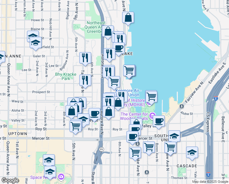 map of restaurants, bars, coffee shops, grocery stores, and more near 1100 Dexter Avenue North in Seattle