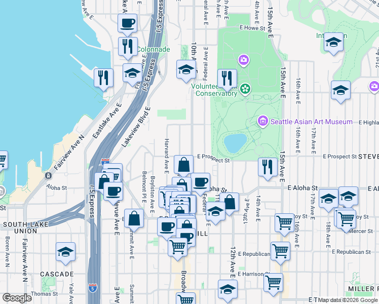 map of restaurants, bars, coffee shops, grocery stores, and more near 1127 10th Avenue East in Seattle