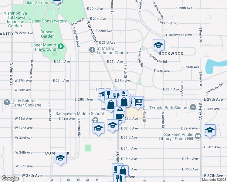 map of restaurants, bars, coffee shops, grocery stores, and more near 2806 South Grand Boulevard in Spokane