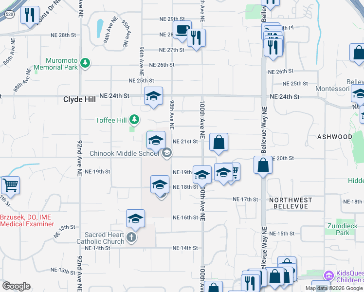 map of restaurants, bars, coffee shops, grocery stores, and more near 2104 98th Avenue Northeast in Bellevue