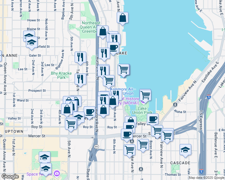 map of restaurants, bars, coffee shops, grocery stores, and more near 1101 Westlake Avenue North in Seattle