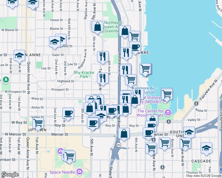 map of restaurants, bars, coffee shops, grocery stores, and more near 1120 6th Avenue North in Seattle