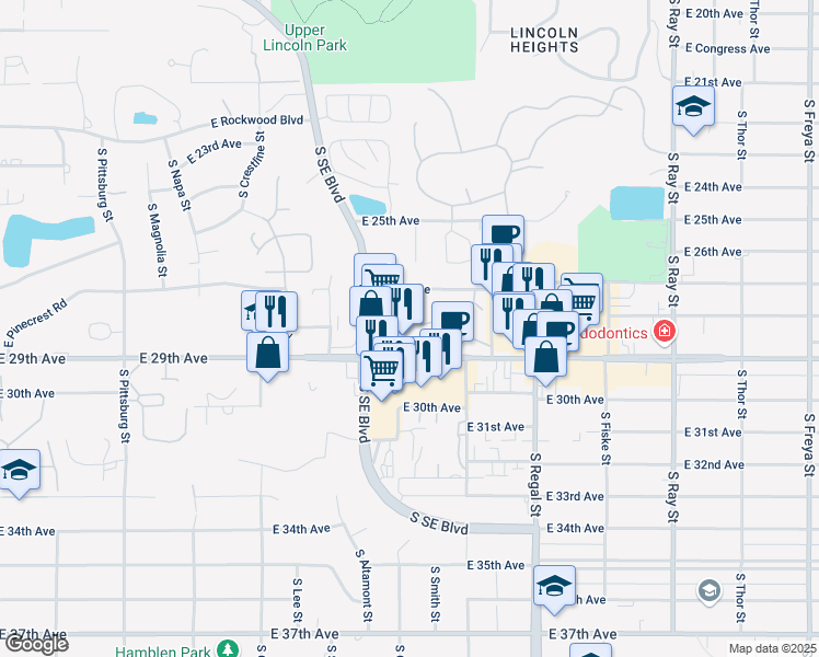 map of restaurants, bars, coffee shops, grocery stores, and more near 2612 East 27th Avenue in Spokane