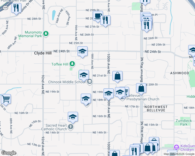 map of restaurants, bars, coffee shops, grocery stores, and more near 2104 98th Avenue Northeast in Bellevue