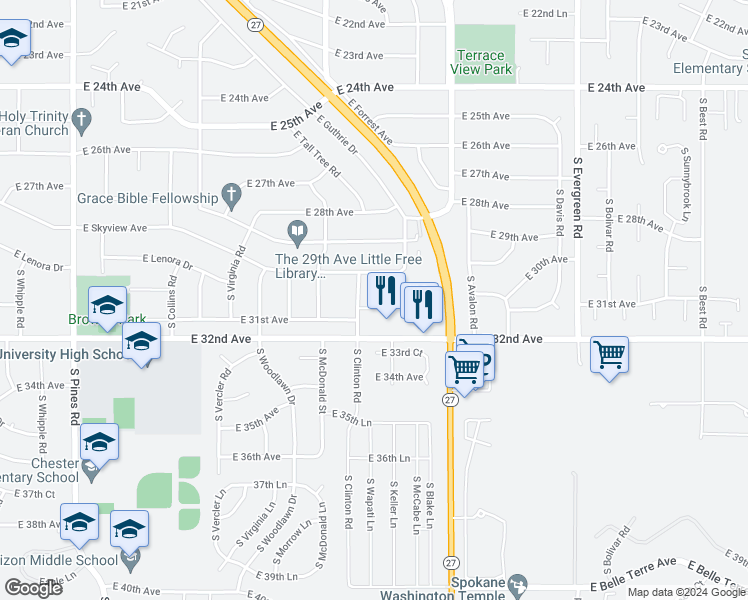 map of restaurants, bars, coffee shops, grocery stores, and more near 13215 East 31st Court in Spokane Valley