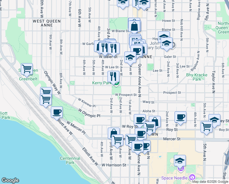map of restaurants, bars, coffee shops, grocery stores, and more near 299 West Highland Drive in Seattle