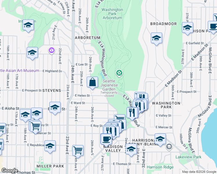 map of restaurants, bars, coffee shops, grocery stores, and more near 1075 Lake Washington Boulevard East in Seattle