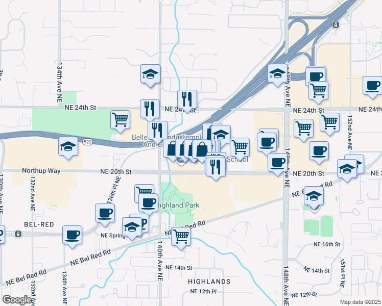 map of restaurants, bars, coffee shops, grocery stores, and more near 14200 NE 21st St in Bellevue