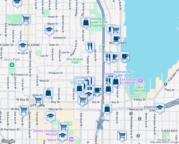 map of restaurants, bars, coffee shops, grocery stores, and more near in Seattle