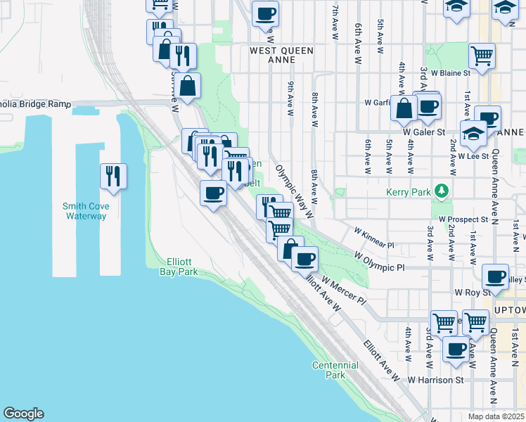 map of restaurants, bars, coffee shops, grocery stores, and more near 1140 Elliott Avenue West in Seattle