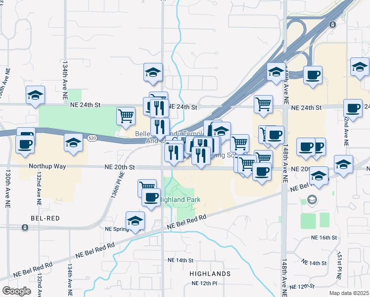 map of restaurants, bars, coffee shops, grocery stores, and more near 14200 NE 21st St in Bellevue