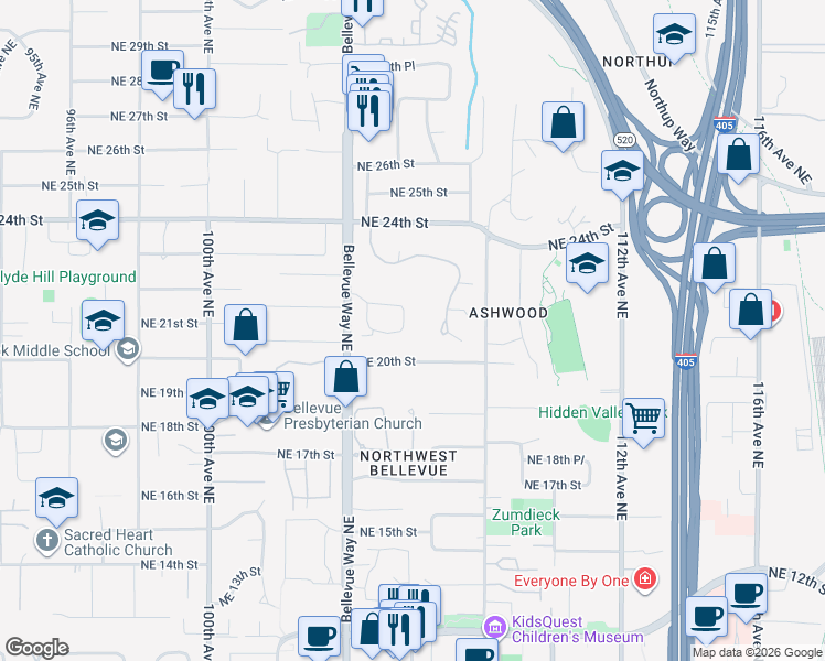 map of restaurants, bars, coffee shops, grocery stores, and more near 2026 106th Avenue Northeast in Bellevue