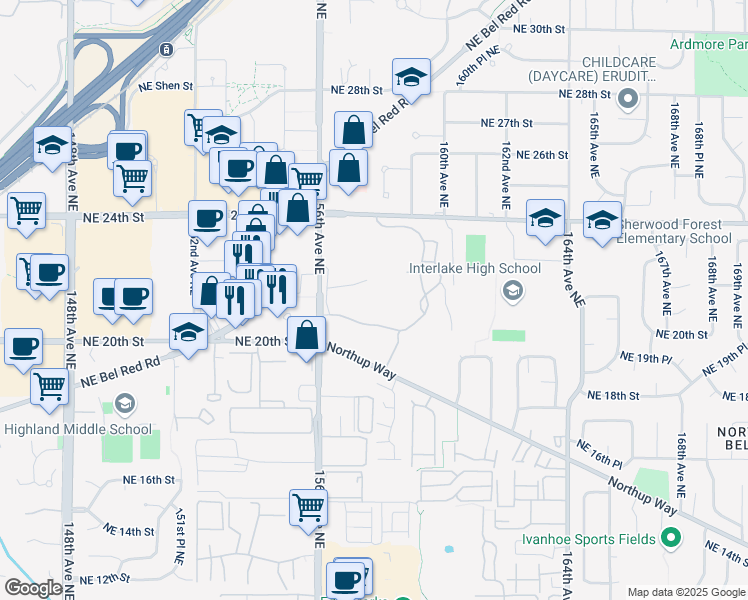 map of restaurants, bars, coffee shops, grocery stores, and more near 2018 156th Avenue Northeast in Bellevue