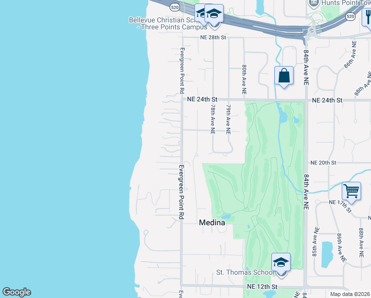 map of restaurants, bars, coffee shops, grocery stores, and more near 2020 Evergreen Point Road in Medina