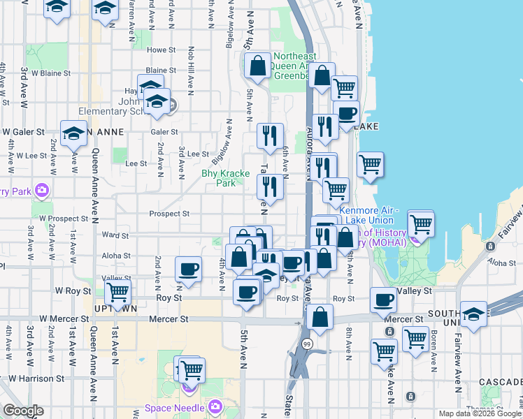 map of restaurants, bars, coffee shops, grocery stores, and more near in Seattle