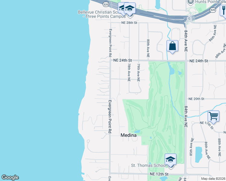 map of restaurants, bars, coffee shops, grocery stores, and more near 2020 Evergreen Point Road in Medina