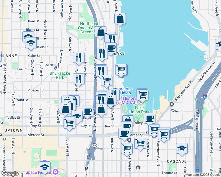 map of restaurants, bars, coffee shops, grocery stores, and more near 1111 Westlake Avenue North in Seattle