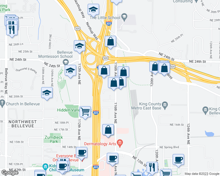 map of restaurants, bars, coffee shops, grocery stores, and more near 2265 116th Avenue Northeast in Bellevue