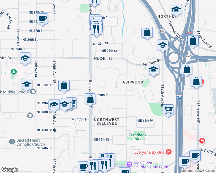 map of restaurants, bars, coffee shops, grocery stores, and more near 2026 106th Avenue Northeast in Bellevue