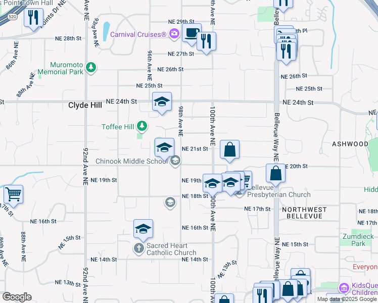 map of restaurants, bars, coffee shops, grocery stores, and more near 2104 98th Avenue Northeast in Bellevue