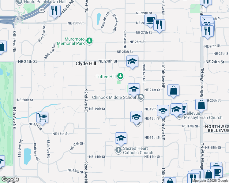 map of restaurants, bars, coffee shops, grocery stores, and more near 2034 94th Avenue Northeast in Clyde Hill