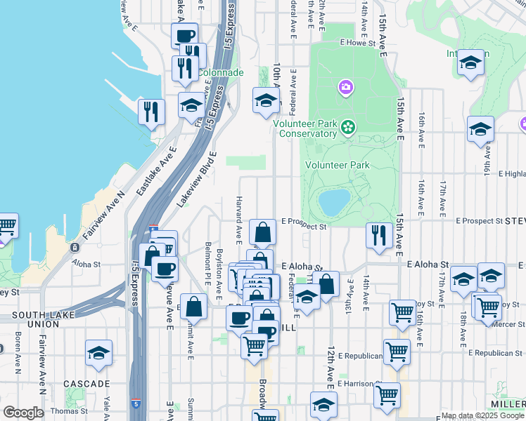 map of restaurants, bars, coffee shops, grocery stores, and more near 1127 10th Avenue East in Seattle