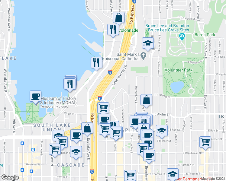 map of restaurants, bars, coffee shops, grocery stores, and more near 1110 Lakeview Boulevard East in Seattle