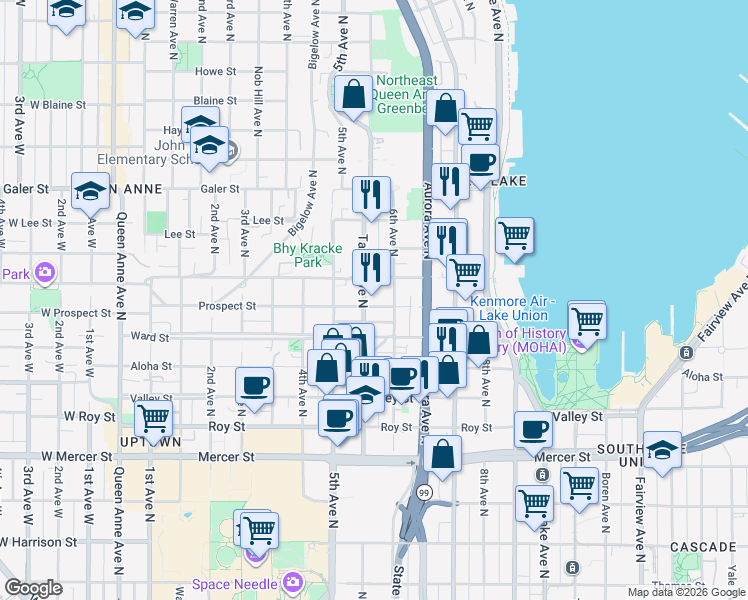 map of restaurants, bars, coffee shops, grocery stores, and more near in Seattle