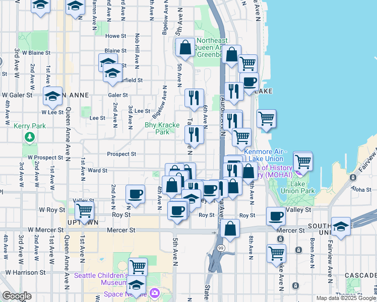 map of restaurants, bars, coffee shops, grocery stores, and more near in Seattle