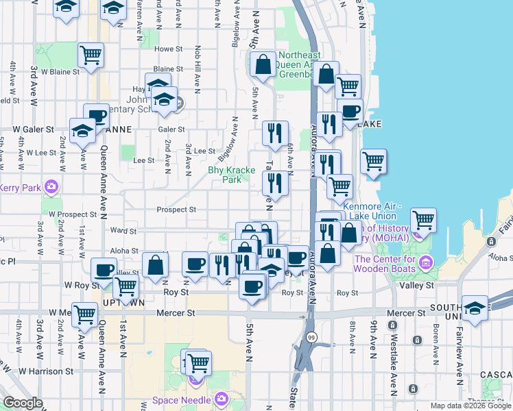 map of restaurants, bars, coffee shops, grocery stores, and more near in Seattle