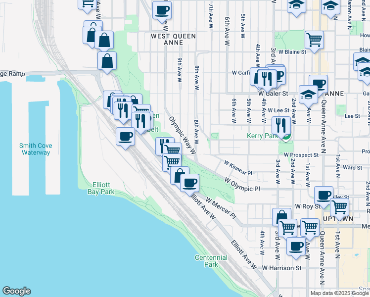 map of restaurants, bars, coffee shops, grocery stores, and more near in Seattle