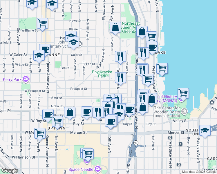 map of restaurants, bars, coffee shops, grocery stores, and more near in Seattle