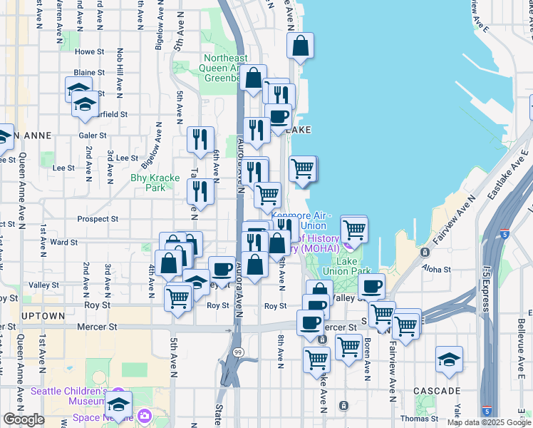 map of restaurants, bars, coffee shops, grocery stores, and more near 1111 Westlake Avenue North in Seattle