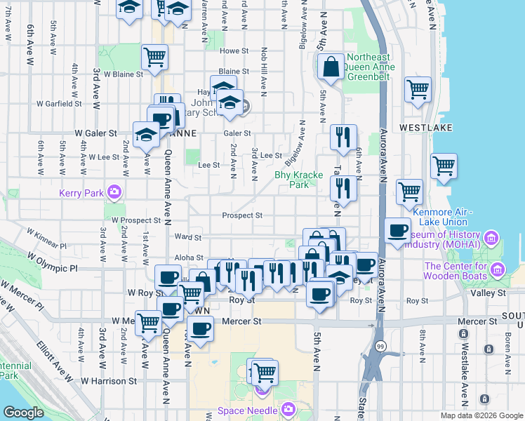 map of restaurants, bars, coffee shops, grocery stores, and more near 312 Prospect Street in Seattle