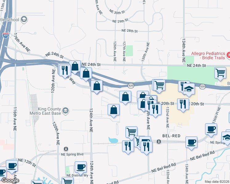 map of restaurants, bars, coffee shops, grocery stores, and more near 12628 Northup Way in Bellevue