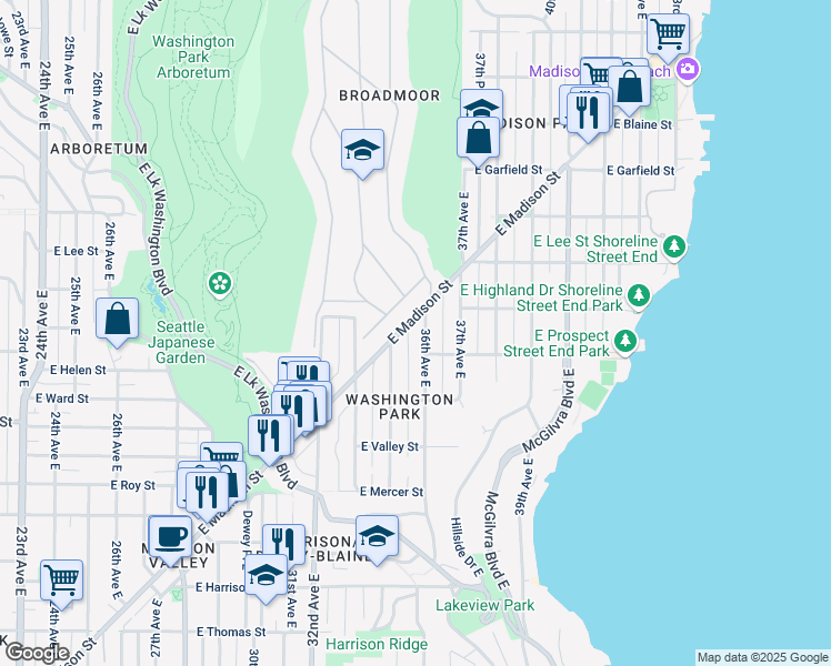 map of restaurants, bars, coffee shops, grocery stores, and more near 3455 East Madison Street in Seattle